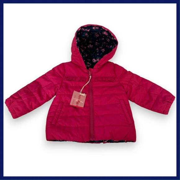 Du Pareil Au Meme Reversible Puffer Jacket 6 Months Bright Pink Navy Floral NWT - Picture 2 of 5
